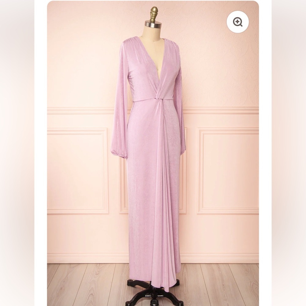 Elegant Lilac Long-Sleeve Draped Evening Dress - Picture 2 of 16